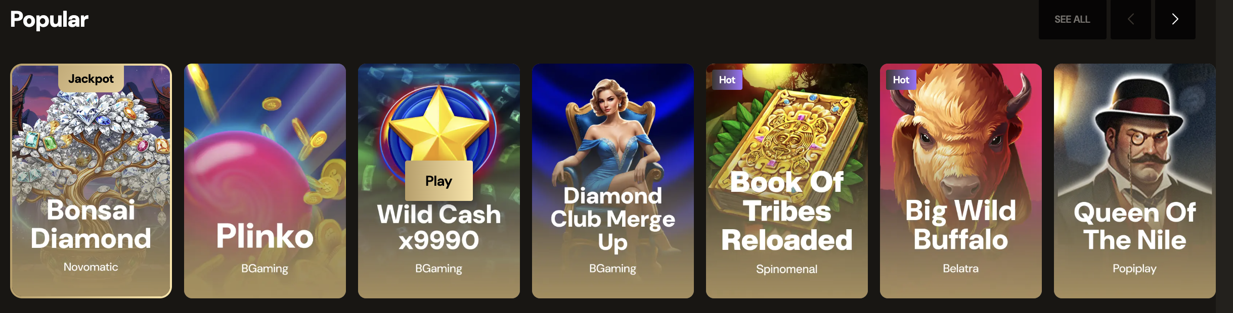 Lobby de jeux populaires du casino LuckyOnes avec titres jackpot et tendance