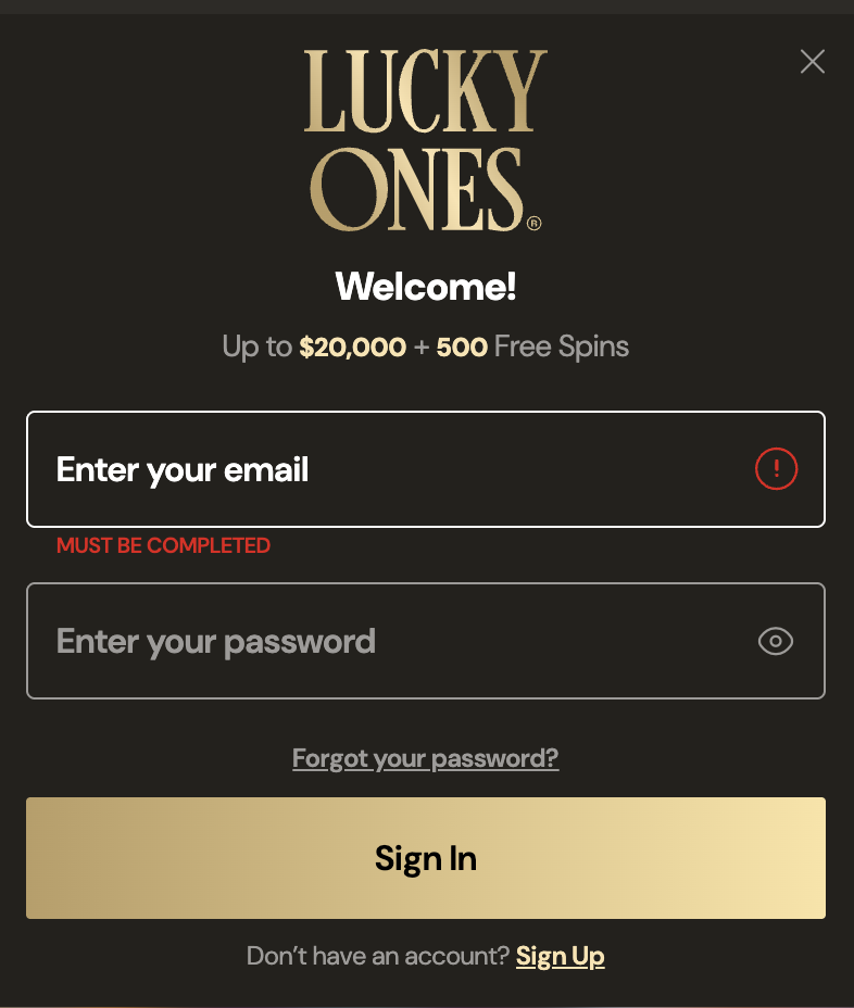 Formulaire de connexion du casino LuckyOnes