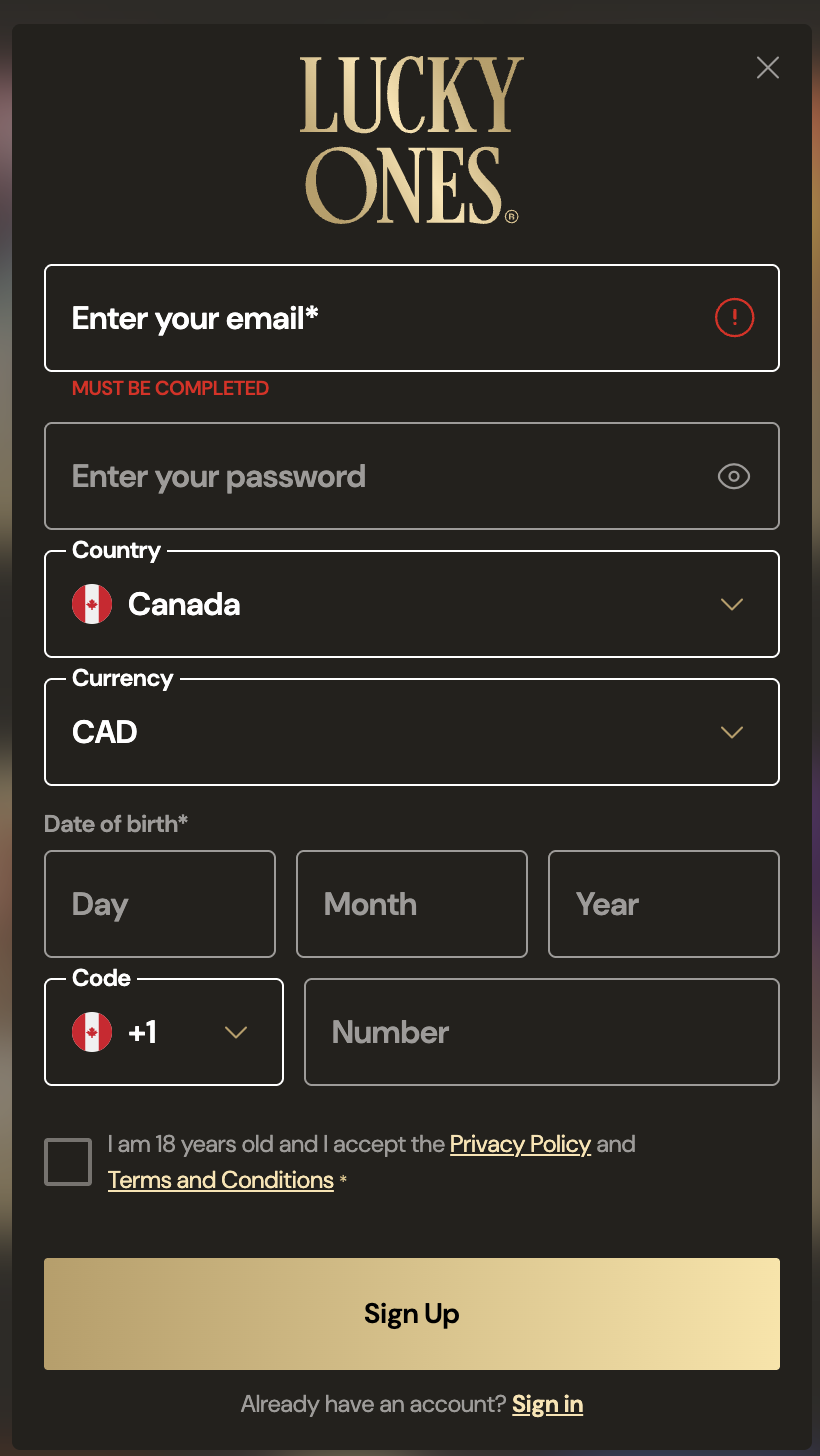 Formulaire d'inscription du casino LuckyOnes avec le Canada et la devise CAD sélectionnés