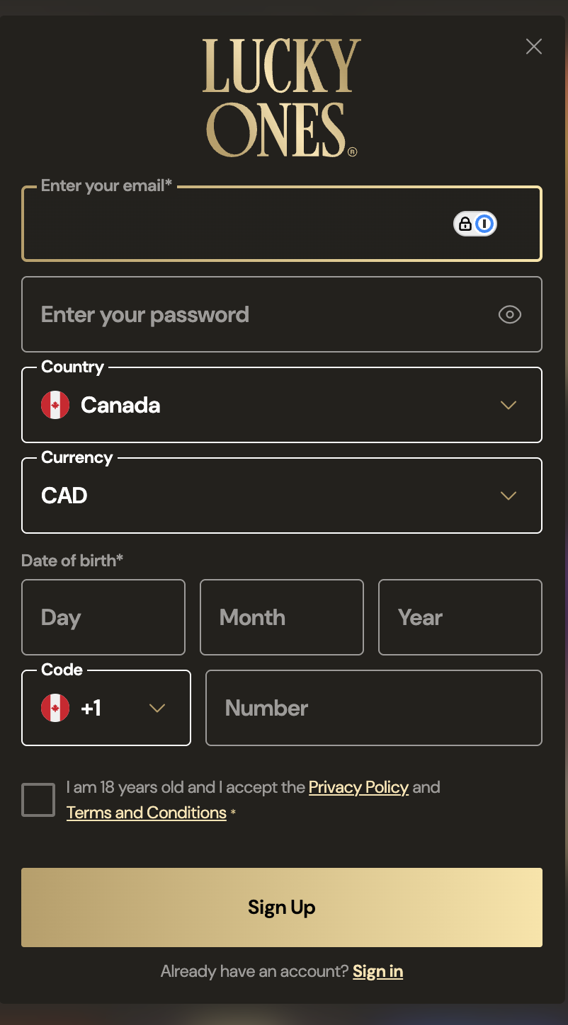 Formulaire d'inscription du casino LuckyOnes avec le Canada comme pays et le CAD comme devise