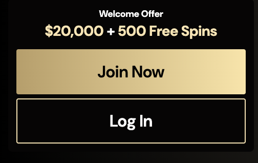 Widget de bienvenue mobile LuckyOnes Casino avec les boutons S'inscrire et Se connecter